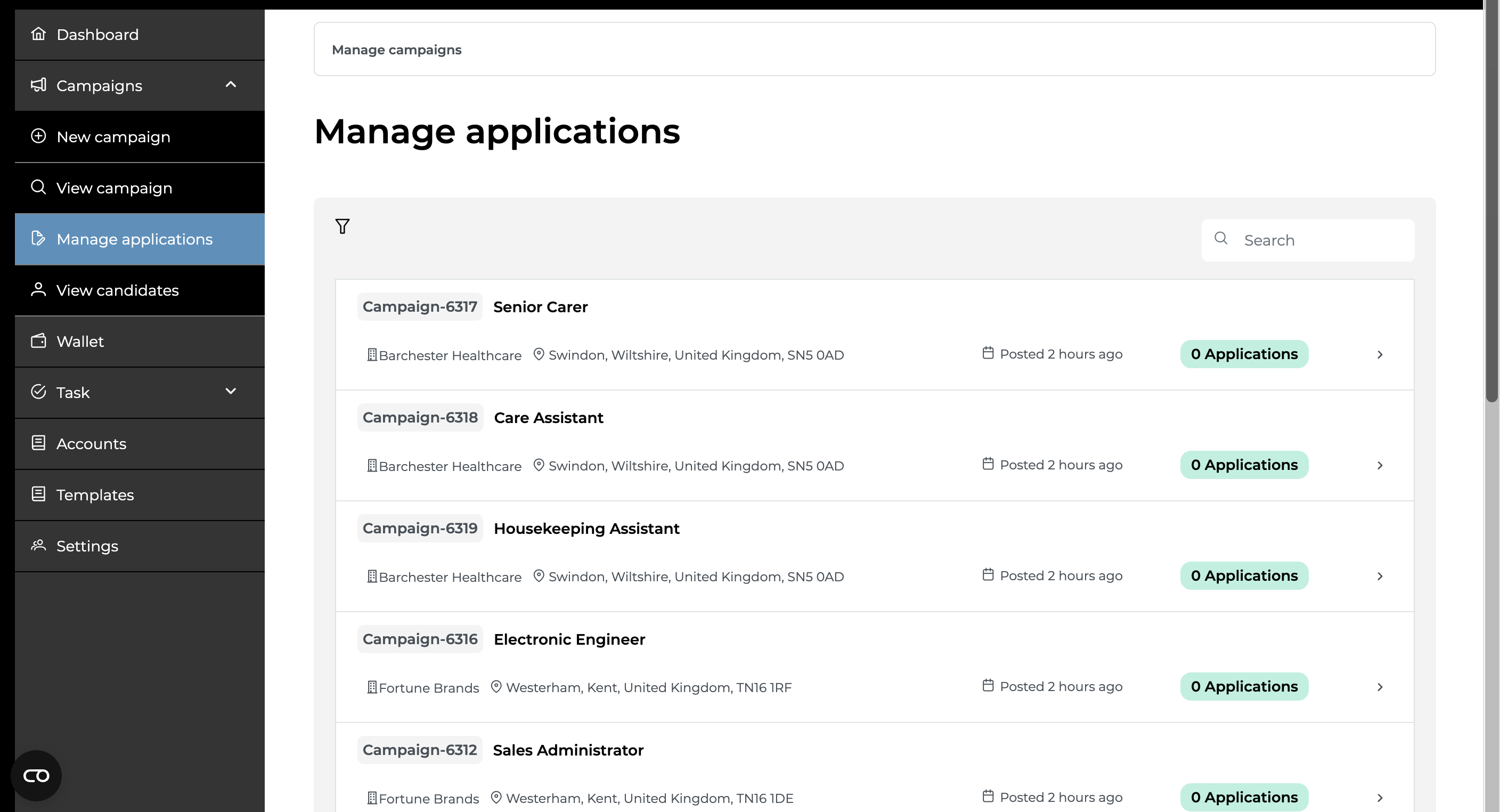 Crooton manage applications dashboard listing active campaigns with job titles, locations and application counts