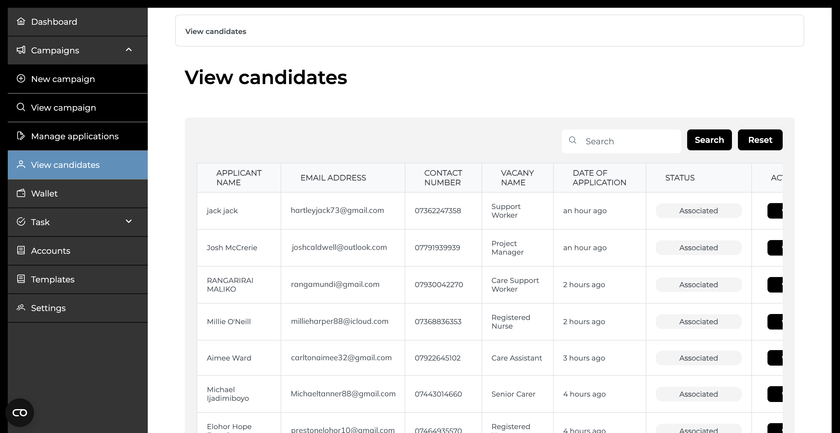 Crooton view candidates table with applicant names, vacancies, application dates and screening status