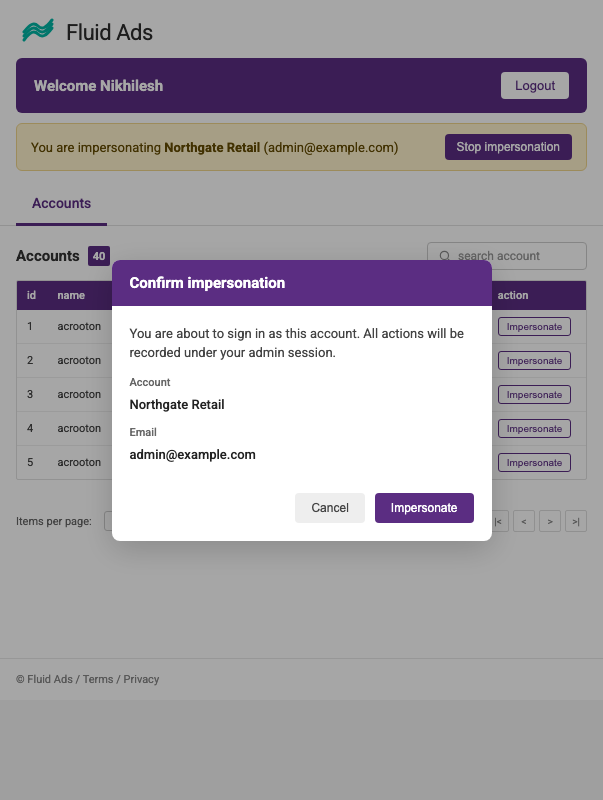 Fluid Ads impersonation flow with active session banner, Impersonate action buttons and confirm modal