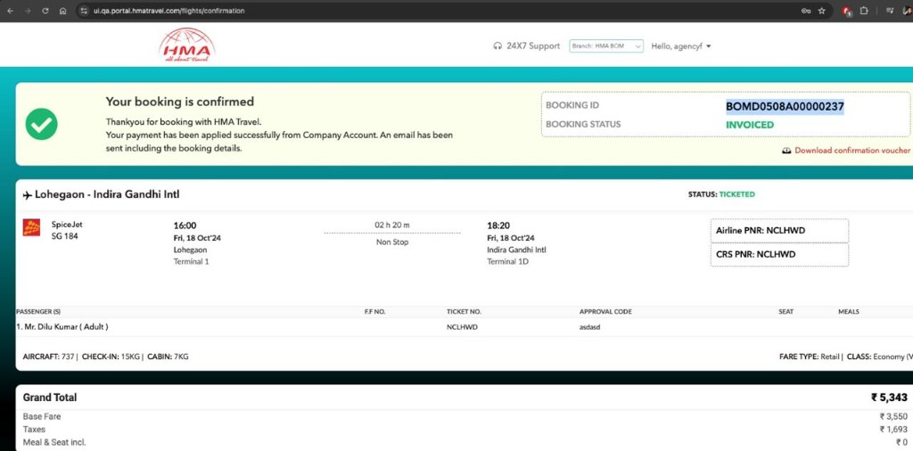 HMA corporate travel portal booking confirmation with PNR, passenger details and fare breakdown