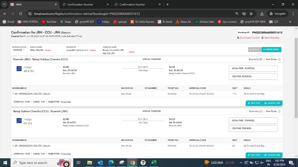 HMA confirmation voucher for return flight JRH to CCU and back on Indigo with ticketed legs