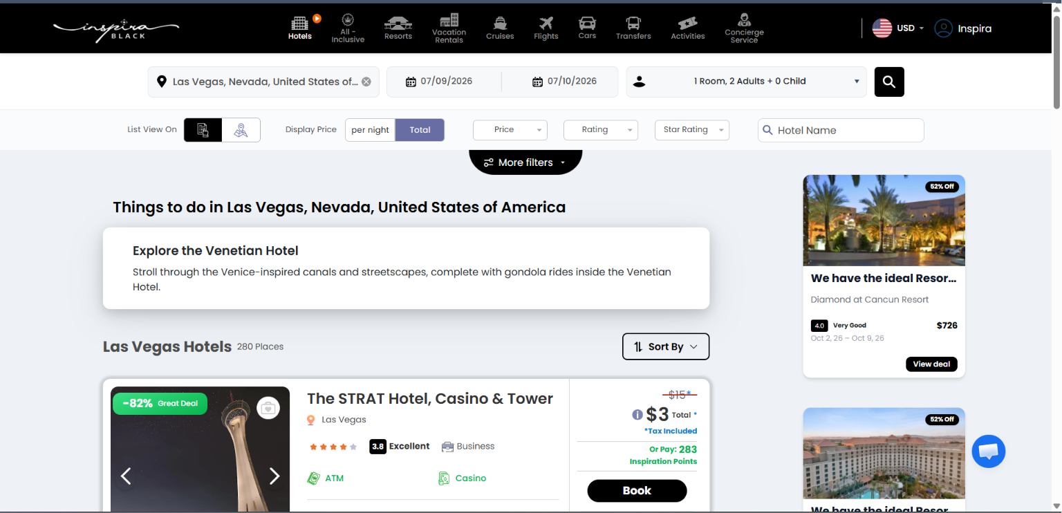 Inspira hotel search results with supplier comparison