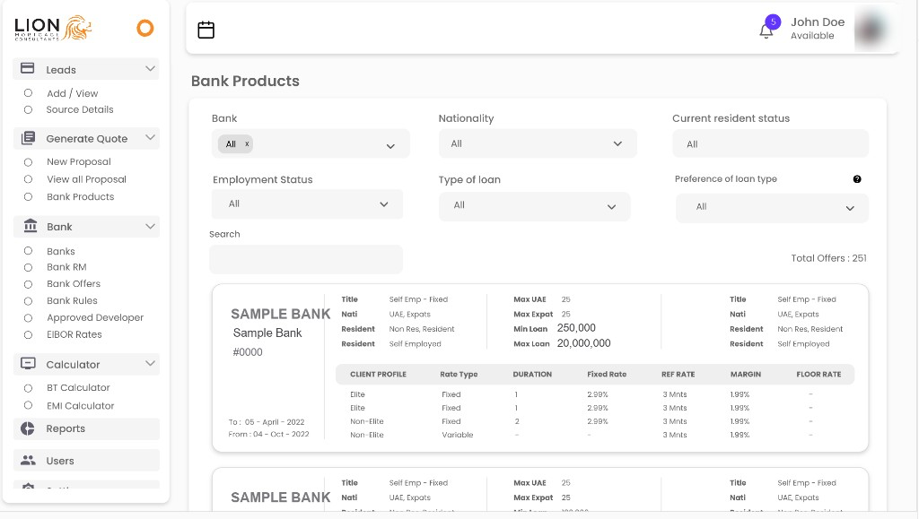 LMC bank products catalogue with filters and rate tables