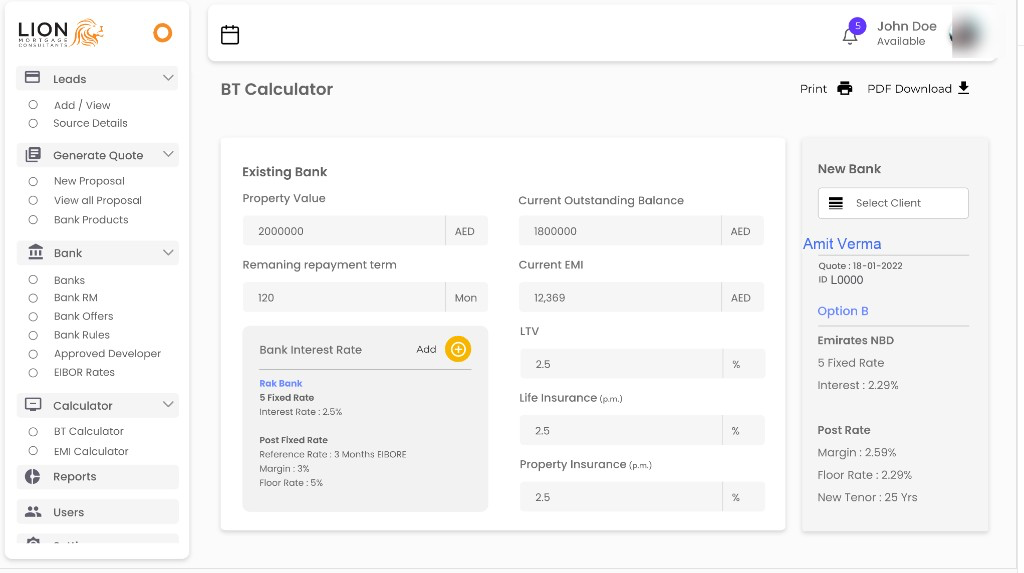 LMC balance transfer calculator comparing current and new bank rates