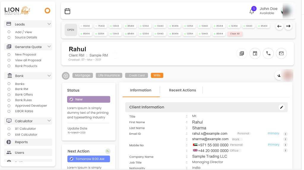 LMC client detail page with status, next action and contact info