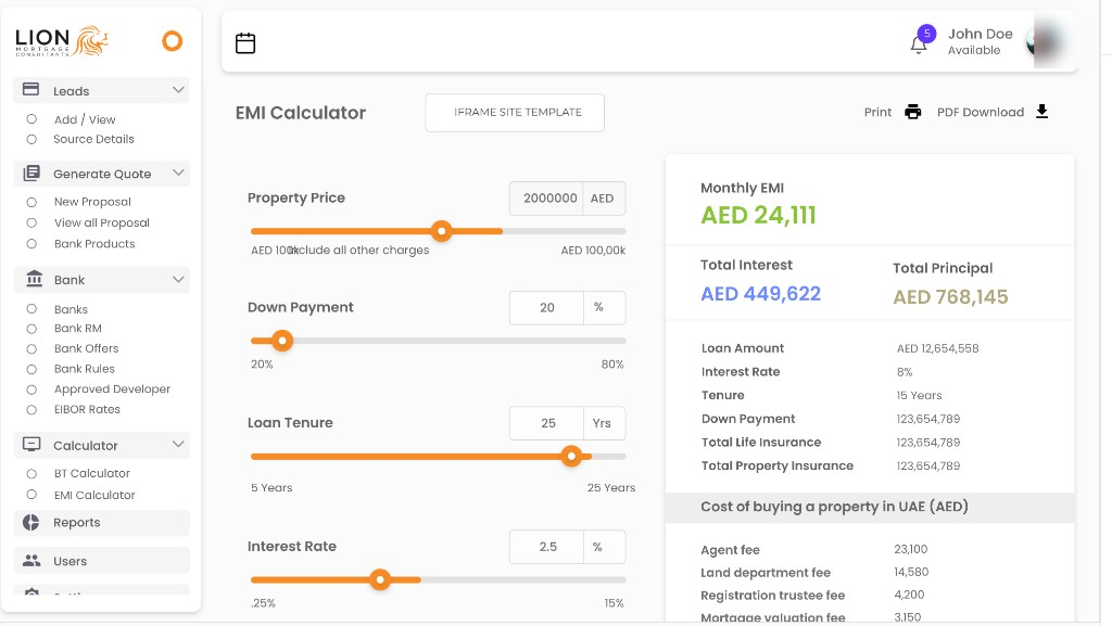 LMC EMI calculator with property price sliders and cost breakdown