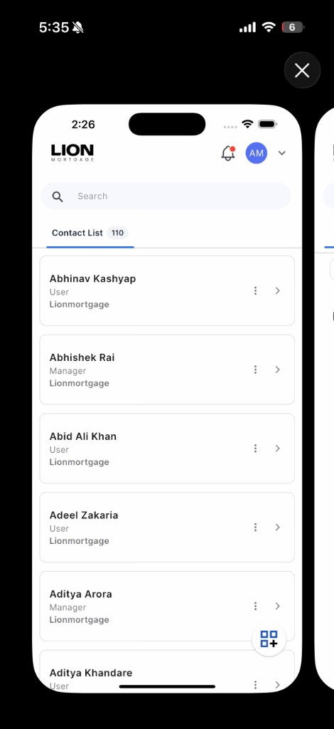 Lion Mortgage contact list showing 110 contacts with search and filters